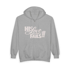 Zip Hoodie – "His Love Fails!!!" Christian Faith Hoodie (Back: "Forgive them for they know not what they do")