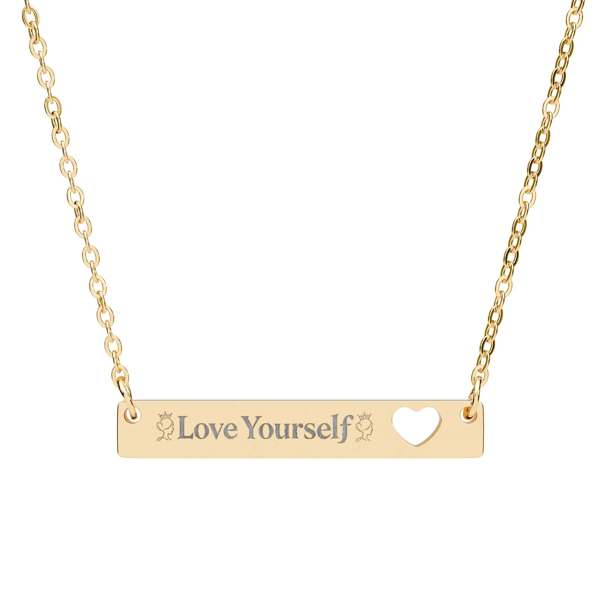 Engravable Bar Necklace with Heart Cutout — “Love Yourself” Personalized Pendant