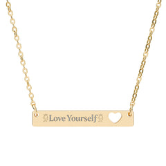 Engravable Bar Necklace with Heart Cutout — “Love Yourself” Personalized Pendant