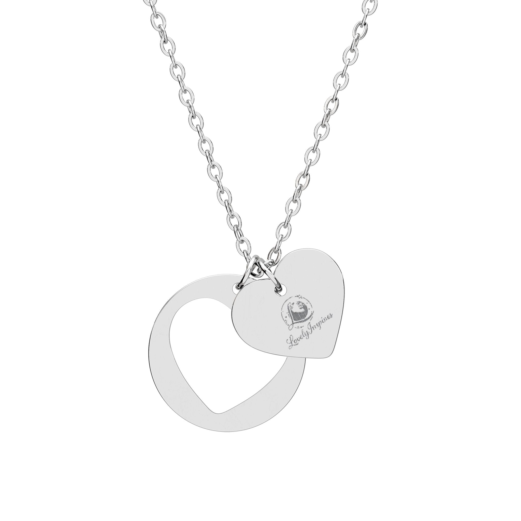 Engravable Heart Cutout Necklace — Personalized Double Charm Pendant (Silver or Rose Gold)