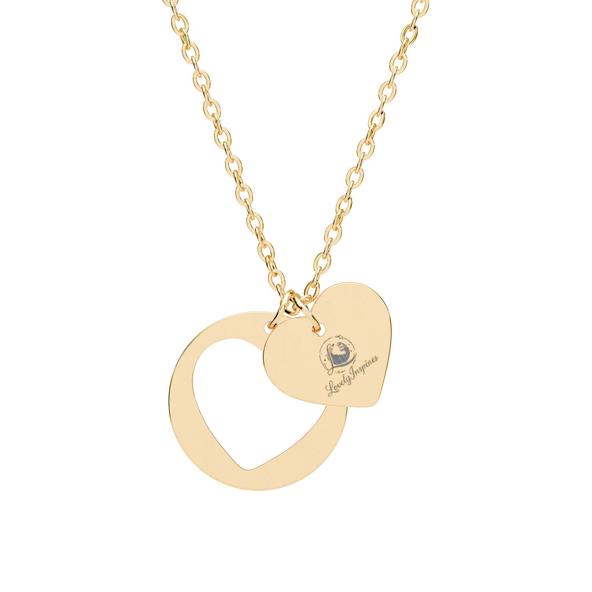Engravable Heart Cutout Necklace — Personalized Double Charm Pendant (Silver or Rose Gold)