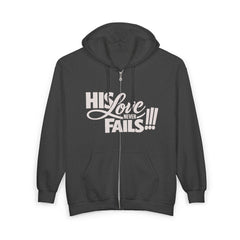 Zip Hoodie – "His Love Fails!!!" Christian Faith Hoodie (Back: "Forgive them for they know not what they do")