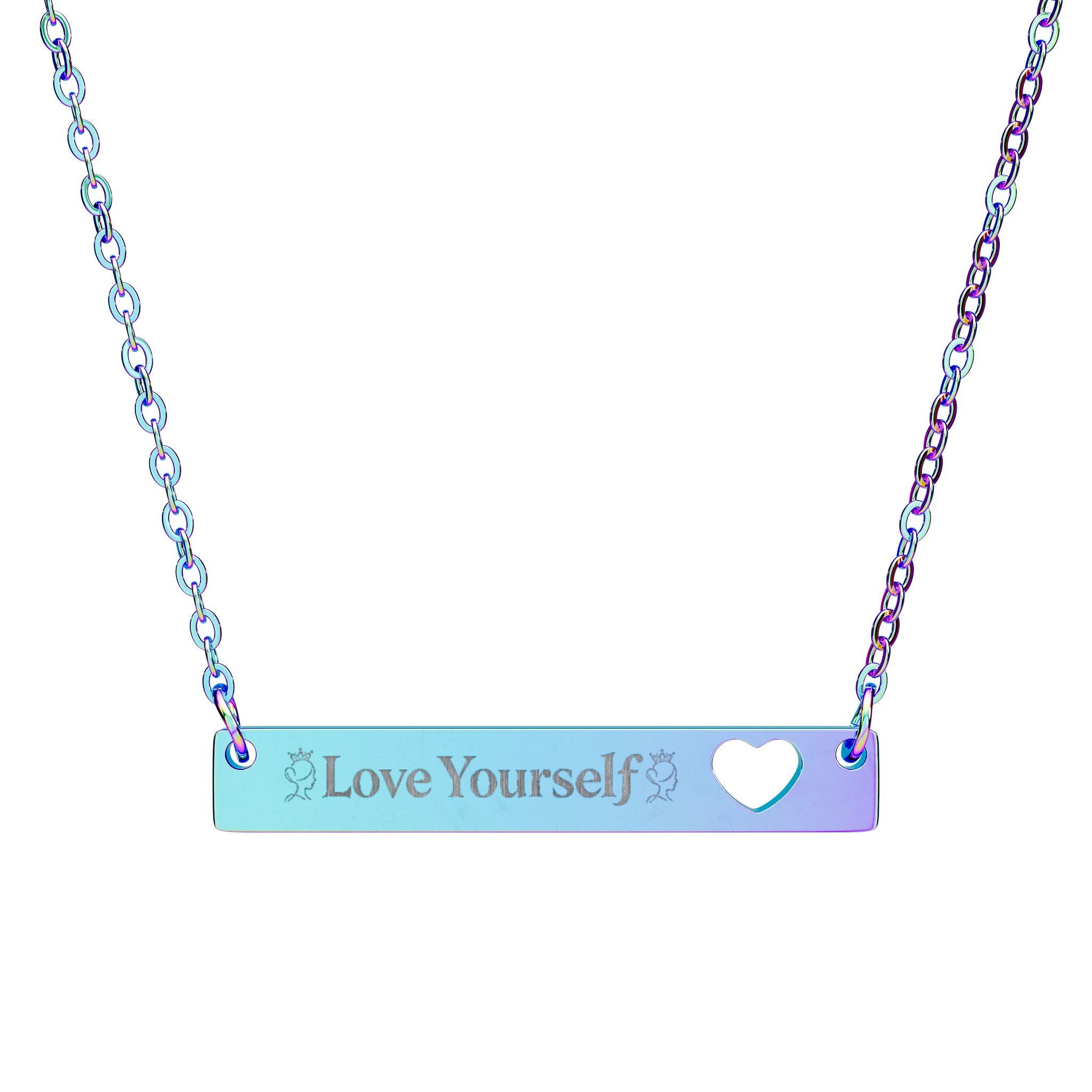 Engravable Bar Necklace with Heart Cutout — “Love Yourself” Personalized Pendant