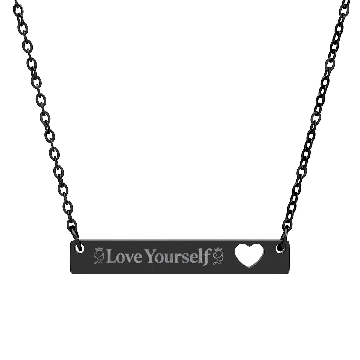 Engravable Bar Necklace with Heart Cutout — “Love Yourself” Personalized Pendant