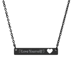 Engravable Bar Necklace with Heart Cutout — “Love Yourself” Personalized Pendant