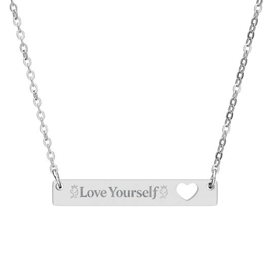 Engravable Bar Necklace with Heart Cutout — “Love Yourself” Personalized Pendant