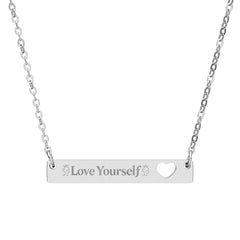 Engravable Bar Necklace with Heart Cutout — “Love Yourself” Personalized Pendant