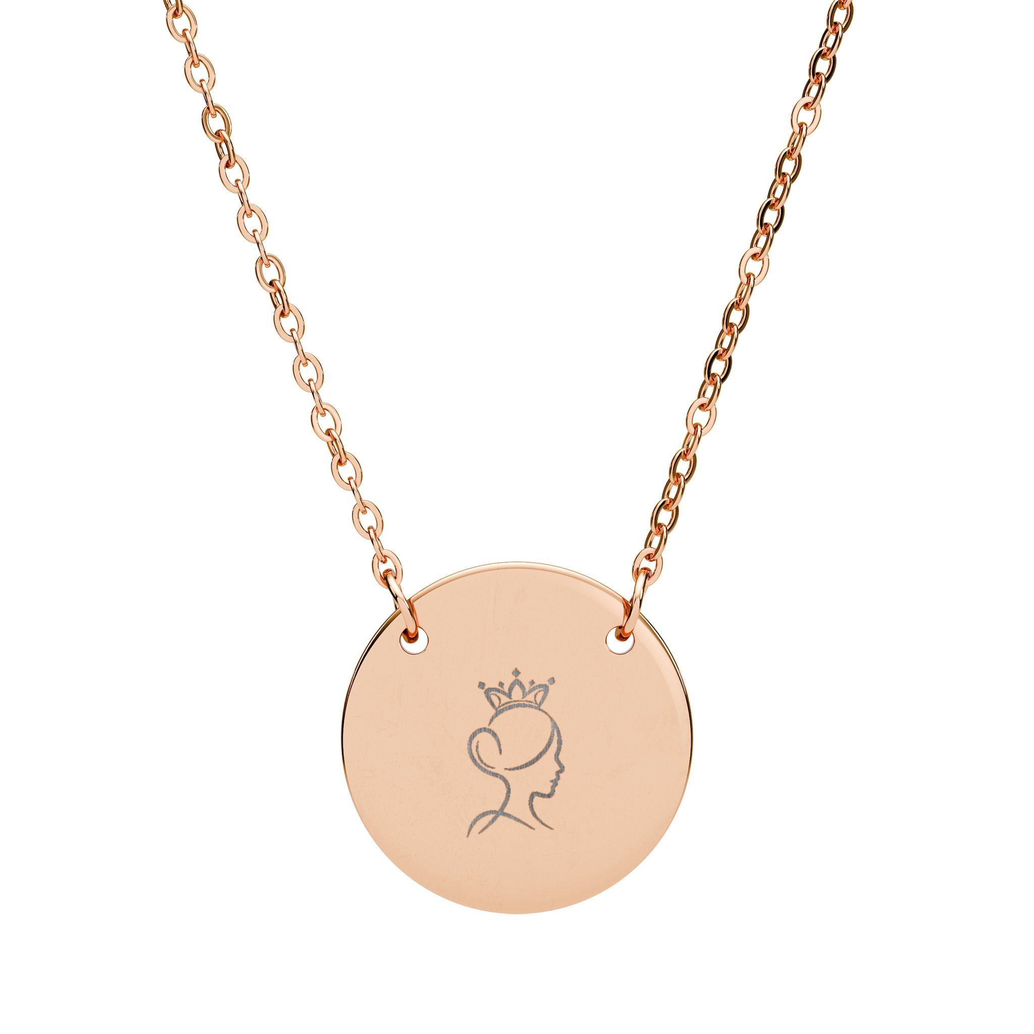 Engraved Circle Necklace — Crowned Heart Rose Pendant