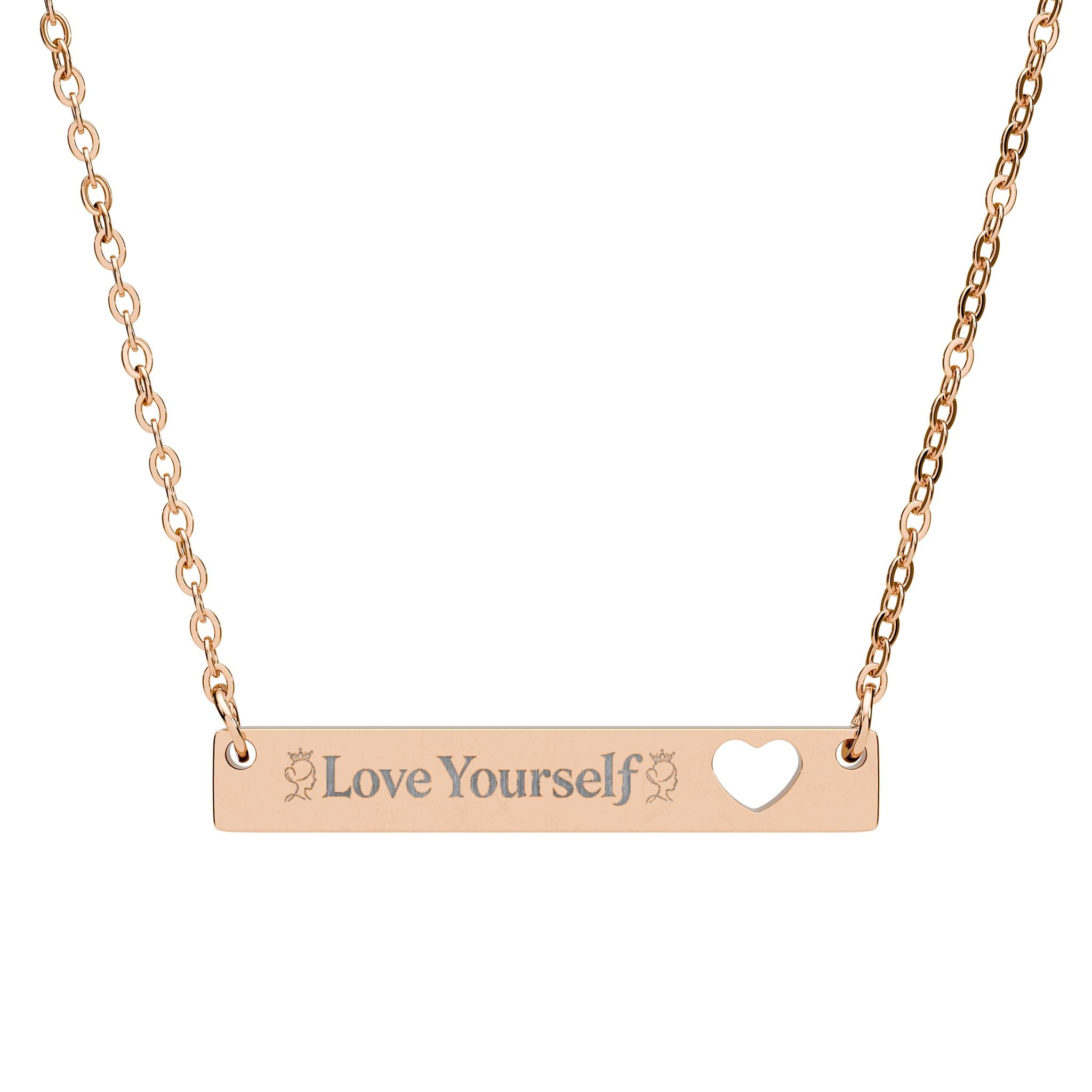 Engravable Bar Necklace with Heart Cutout — “Love Yourself” Personalized Pendant