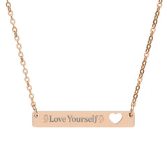 Engravable Bar Necklace with Heart Cutout — “Love Yourself” Personalized Pendant